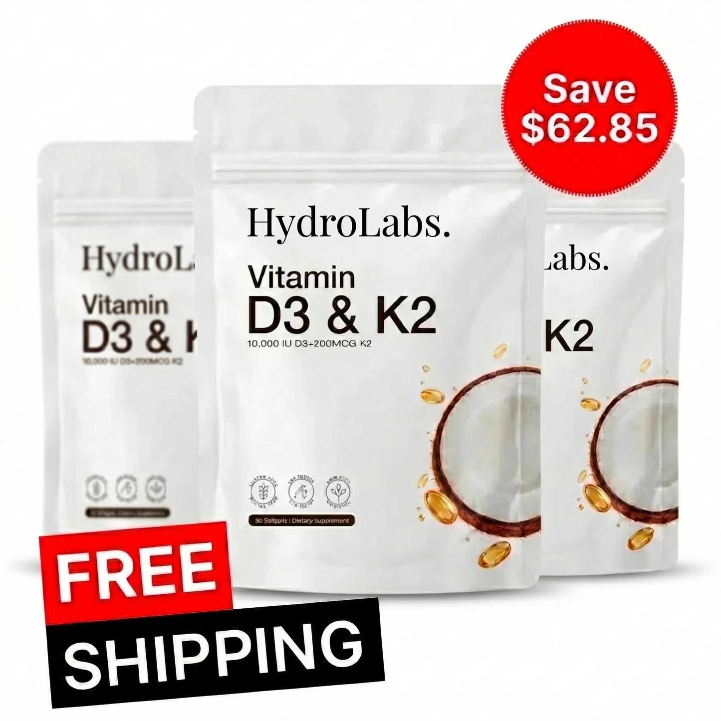 HydroLabs Vitamin D3+K2 — 3 Pouches (90-day supply)